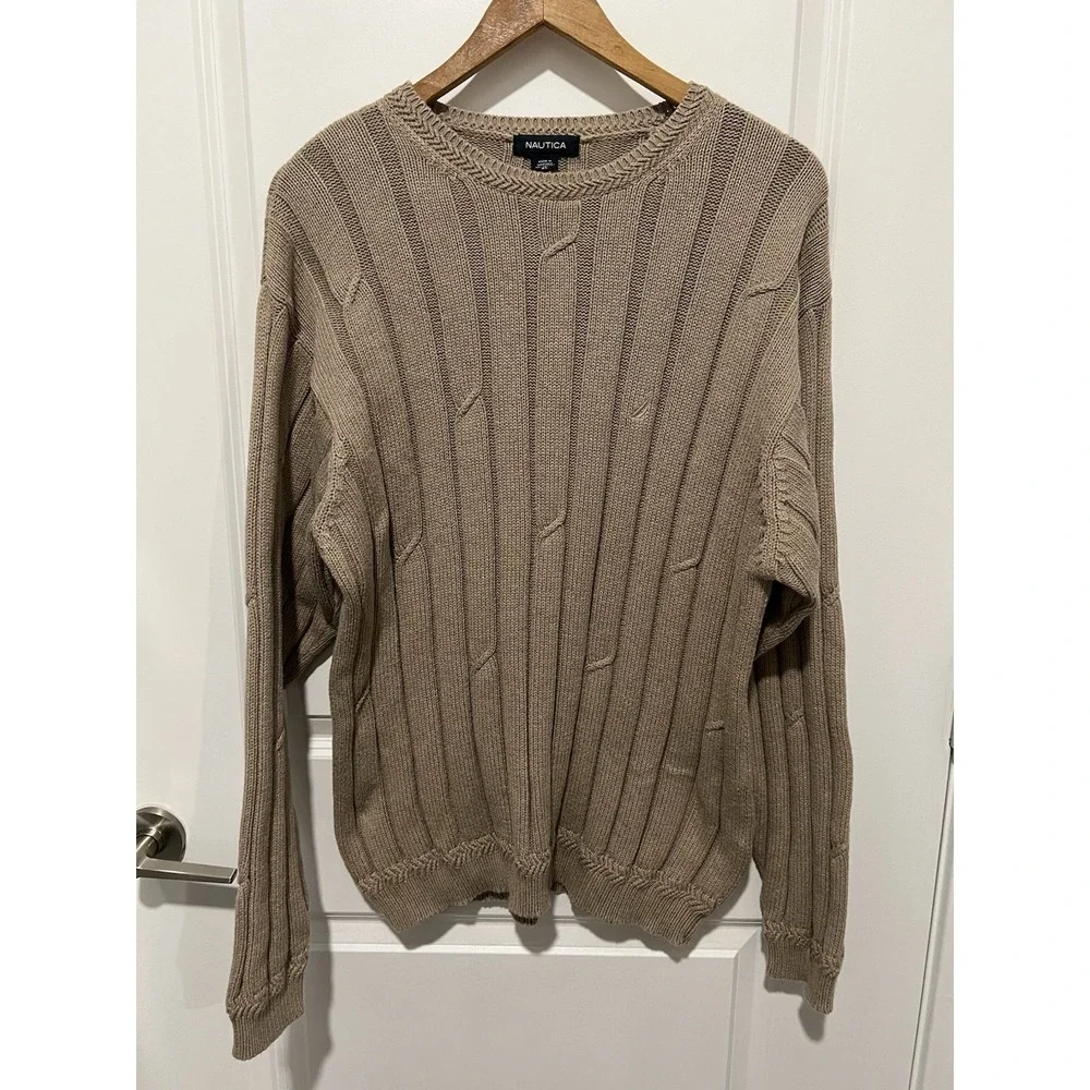 Vintage‎ Mens Nautica Cable Knit Ribbed Sweater 100% Cotton XL Oatmeal Beige
